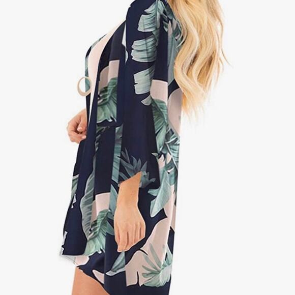 PinkMStyle Boutique colorful Floral Kimono Sheer Chiffon coverup top medium NWOT - Picture 2 of 6